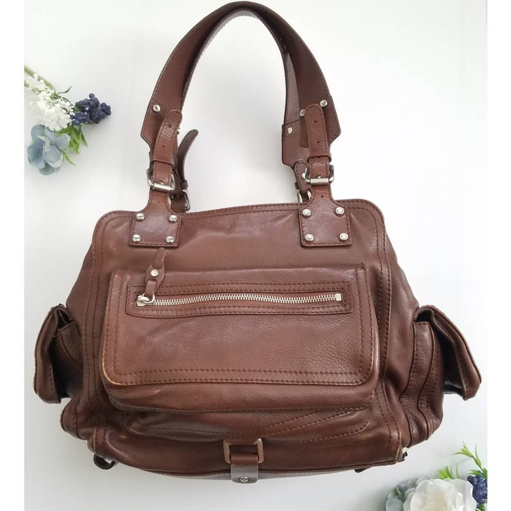 THEORY Leather Satchel Shoulder Handbag Purse Cognac Brown
